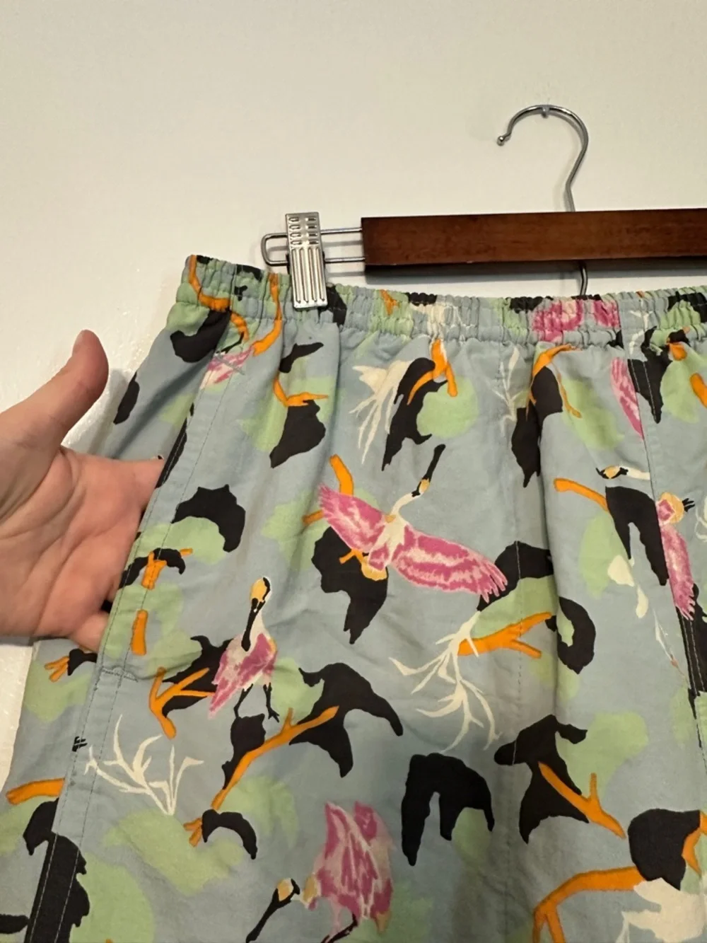 Patagonia Baggies Men’s Swim Shorts Blue Green Spoonbill Bird Print Lined Large